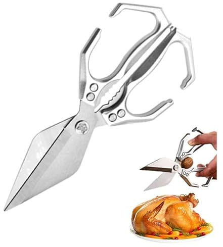 Multifunctional Heavy-Duty Kitchen Shears, 2 in 1 Kitchen Scissors All Purpose with Walnut Crackers, Stainless Steel Cooking Shears with Ergonomic Handle for Cutting Meat, Food, Fish (Silver)