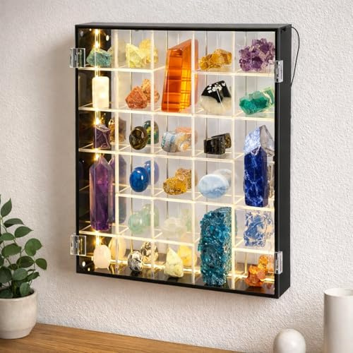 Cinnvoice Rock Display Case LED Adjustable Acrylic Display Case with Mirrored Crystal Organizer for Collectible, Mineral Crystal, Stones, Wall Mount, Magnetic Door