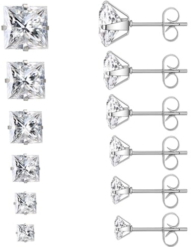 6 Pairs Square Stud Earrings Set for Women Men,6 Sizes 3-8mm Mixed Pack | Surgical 316L Stainless Steel & Cubic Zirconia for Sensitive Skin - Minimalist Dainty Jewelry Gift for Multiple Piercings