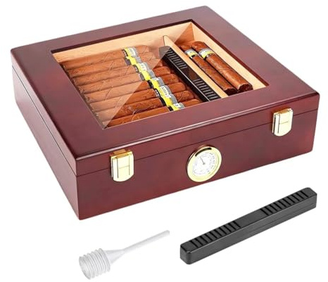 Racocou Cigar Humidor med glastopp för 20-30 cigarrer med hygrometer, luftfuktare och avdelare, cederträshumidorlåda, idealisk som present till män och för förvaring