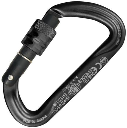 Kong. Argon S. Moschettone Compatto in Alluminio con Ghiera a Vite per Arrampicata. Scorrimento Fluido della Corda. Sistema Keylock. Made in Italy. EN 362/B, EN 12275/B. Peso 43g. Nero.