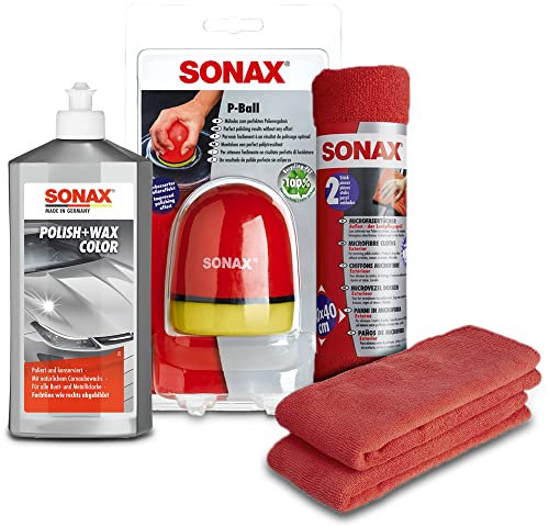 1x 500ml SONAX POLISH & WAX COLOR SILBER/GRAU+ P-BALL+2x MICROTÜCHER SET