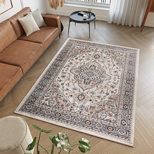 TAPISO Colorado Teppich Wohnzimmer Klassisch Kurzflor Creme Weiss Bunt Floral Medaillon Ornament Muster Traditionell Orientteppich ÖKOTEX 250 x 350 cm