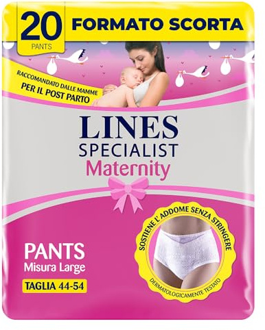Lines Specialist Maternity, Mutandine Assorbenti Lines Maternity Post Parto, con Supporto Dell'Addome e Assorbenza Rapida per Perdite Post Parto, Taglia L, Confezione da 20 pezzi