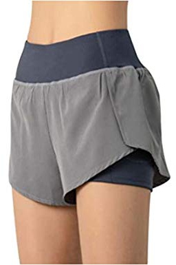 Flyself Kvinnor 2-i-1 Sport Shorts Snabbtorkning Resår Korta Byxor Kvinnor för Yoga Fitness Löpning Simning med ficka, Grå, S