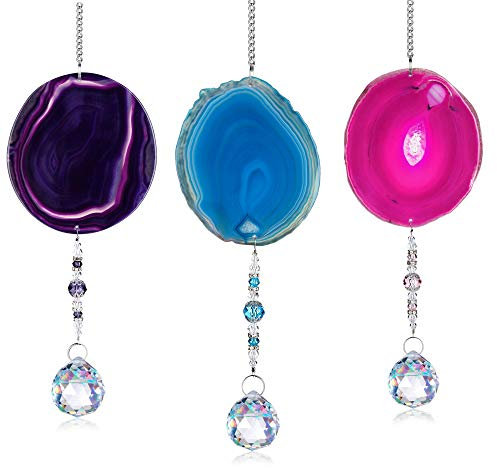 JSDDE Attrape-Soleil Pierres et Cristaux Agate Carillons Capteur de Soleil Ornements d'arc-en-Ciel Décoration Agate Tranche de Géode Fenêtre Suspendue (Violet+ Bleu+Rose)