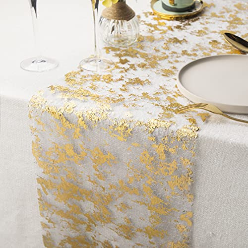 WELTRXE Chemin de Table Filet avec Feuille d'or 28cmx5m, Ruban de Table Métallisé, Décoration pour Fête, Mariage, Noël, DIY, Emballage (Or, 5m)