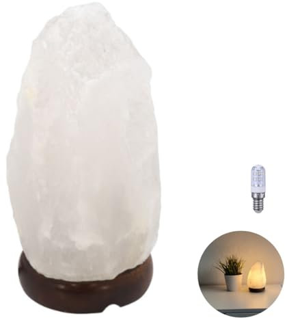 Salzkristalllampe Salzsteinlampe Salzlampe weiß Salzstein Natürliche Kristall-Lampe für Schlafzimmer Wohnzimmer & Büro Lampe Himalaya Salzlampe aus der Salt Range Pakistan weiß Holzfuß inkl. LED