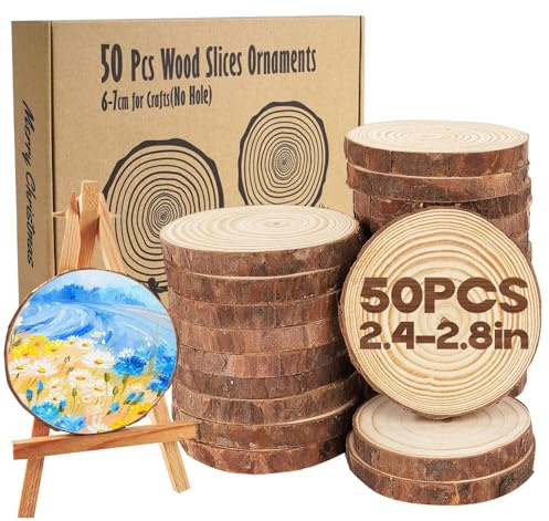ilauke 50 Stücke Holz Log Scheiben, 6-7 cm Unvollendete Runde Naturholz Baumscheiben ohne Loch Ca.8mm Dicke für DIY Handwerk Holz-Scheiben Hochzeit Mittelstücke Weihnachten Dekoration Baumscheibe