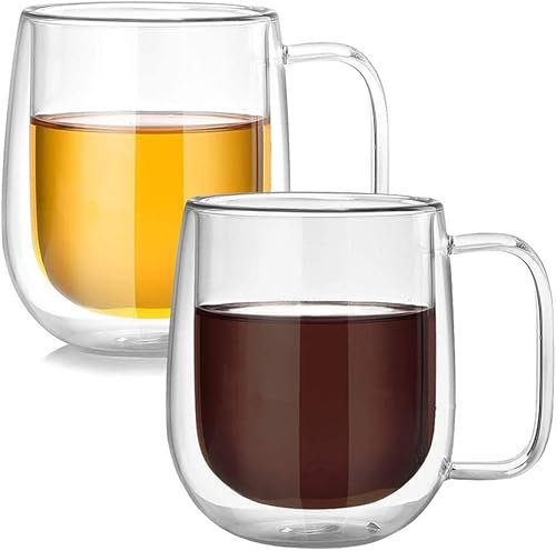 Lot de 2 verres à latte macchiato,Tasses à café en verre double couche avec poignées, 350 ml, isothermes pour Iced Americano,crème glacée, dessert tasses pour café, thé, jus, lait, bière