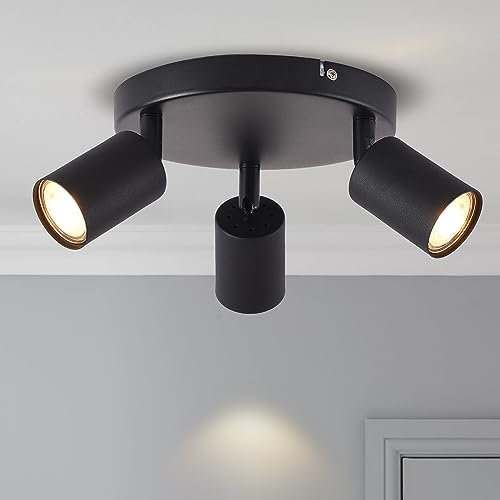 ANWIO 3 Black Spotlight Ceiling Lights,Bedroom Kitchen Lights Ceiling,GU10 Industrial Hallway Ceiling Light Fitting,Spot Light Bar Indoor Adjustable Light Ceiling Spot Lamp(EUS-EA190811, NO Bulbs)