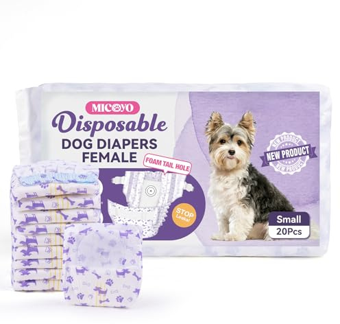 MICOOYO Pannolini Cane Femmina Monouso, Pannolini per Cani con apertura regolabile della coda, indicatore di umidità, Tuta per cuccioli e gatti in calore/addestramento(S, 20 pezzi)