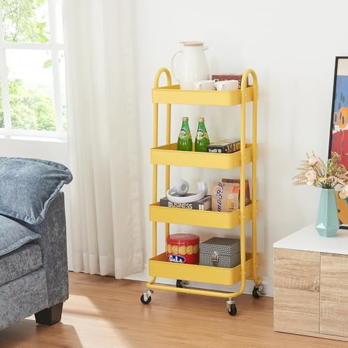 [en.casa] Servierwagen Pyhäntä Rollwagen mit 4 Ebenen Küchenwagen aus Metall Beistellwagen mit 2 Bremsen Allzweckwagen Aufbewahrungswagen für Küche Bad Büro Gelb