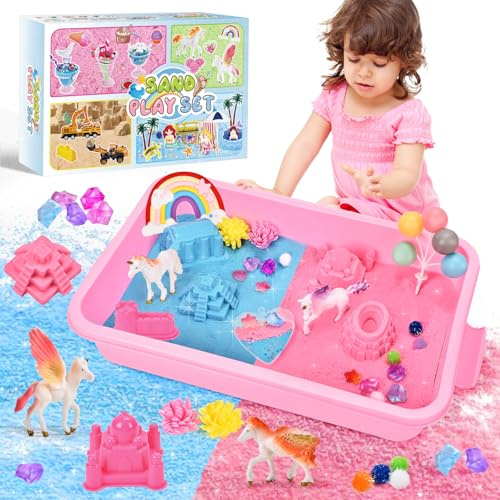 Herenear 36 Stück Sand Sandbox Set, Geschenke für Mädchen, Einhorn Spielsand Koffer - Mit Rosa und Blau Knetsand, 4 Einhorn Figure und 30 Zubehör, Sensorisch Zaubersand Geschenk für kinder 3+