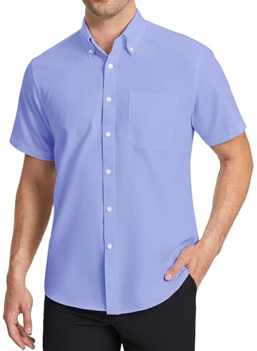 HISDERN Camicia Blu Oxford Uomo Maniche Corte Button Down Camicie Uomo Estiva da Ufficio Manica Corta con Tasca vestibilità Regolare, L