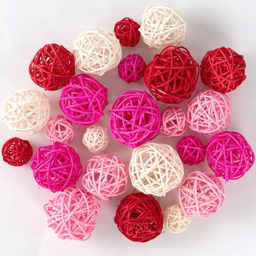 GuassLee 24Pcs Valentine's Day Decorative Rattan Balls, Pink Red Grey Wicker Balls Decorations for Valentine's Day Decor Centerpiece DIY Crafts Vase Bowl Orbs Filler Wedding Home Decor, 1.2/2/2.4