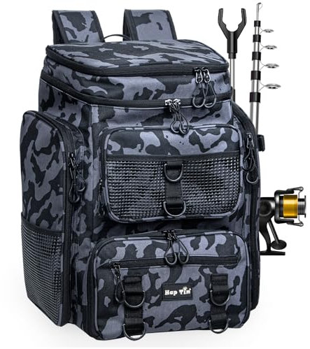 42L Angelrucksack mit 2 Rod Holder Multi-Tasche Große Angeltasche Ausrüstung Zubehör mit Abnehmbarem Separator Vatertag Weihnachten Männer Geschenke (FB-2308-CM-EU)