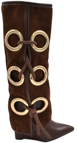 Stivali Donna Alti in camoscio Marrone Applicazioni Oro Modello Shark Risvolto Fino a Terra Zeppa 10 cm con Zip (36 EU)