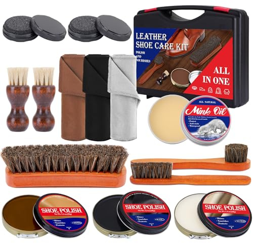 TUXIYA Kit de cirage pour chaussures – Kit d'entretien du cuir 15 pièces avec brosse en crin de cheval, applicateur en bois, kit de nettoyage et de brillance avec étui de voyage portable inclus pour