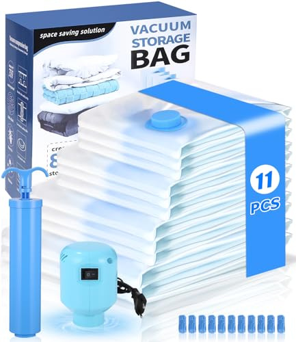 Cexovo Sac Sous Vide Vetement Aspirateur, 13 Pièces Sac de Rangement Sous Vide (2XL+3L+3M+3S)avec Électrique et Pompe Manuelle, Housse de Rangement Sous Vide pour Matelas, Vêtements, Couettes, Literie