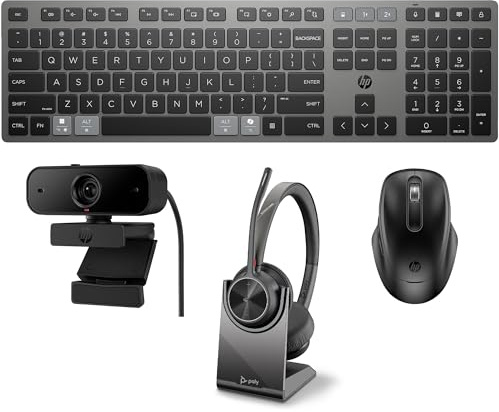 HP Premium Home Office Bundle, 720 Rechargeable Keyboard and Mouse, Poly Voyager 4320 UC Headset, Charge Stand and 430 FHD Webcam