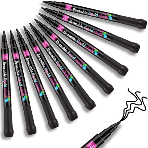 YUNAI Liquid Chalk Pens for Blackboards, 10PCS Fine Tip Black Whiteboard Pens, White Board Markers Erasable for Chalk board and Glass, Whiteboard Markers for Window Drawing, Stationery Supplies