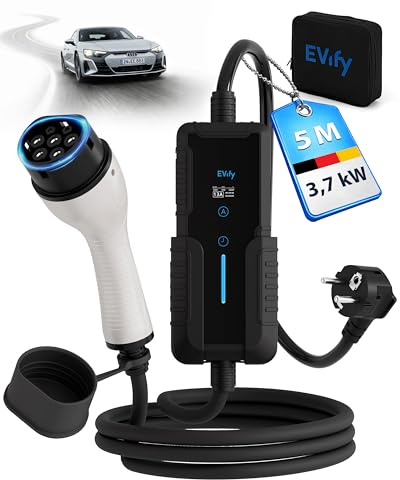 EVify Câble de charge type 2 Schuko 3,7 kW 5 m 16 A pour voiture électrique & hybride avec sac de câble • Intensité / puissance de charge réglable 6|8|10|13|16A, idéal pour installation PV
