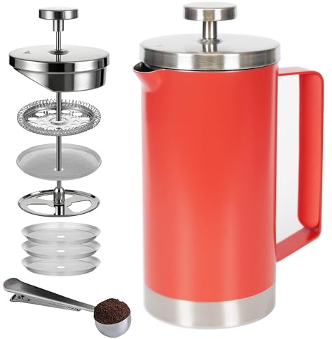 Wrobic Cafetiere French Press Coffee Maker 600ml/20oz, Double-Wall Insulated 304 Stainless Steel, 3-Level Filtration System, Ergonomic Silicone Handle, Orange-Red, 2-4 Cup for Home Camping Office