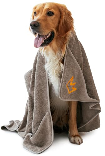 Rudelkönig Hundehandtuch große Hunde saugfähig - Badetuch aus hochwertiger Baumwolle 130x75 cm - Hunde Handtuch mit 6 Taschen gegen nassen Hund