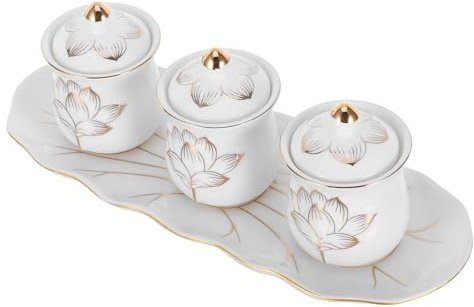 VALICLUD Coupe d'Offrande Bouddhiste en Porcelaine Blanche Décor Lotus Doré Calice Céramique pour Autel Tibétain Bol de Culte pour Rituel Maison et Temple Bol Contemplation Eau Pure