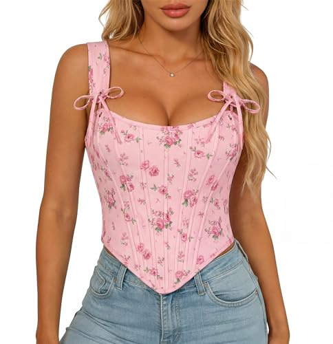 Scarlet Darkness Corset Tops for Women Renaissance Corset Boned Lace Up Bustier Tops Pink Floral 8