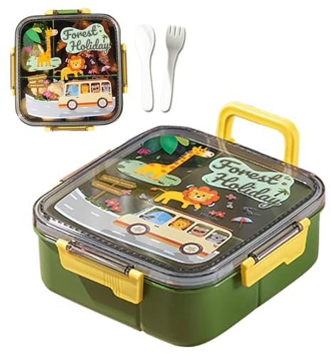 YGCHEN Portavivande per Bambini con Disegni Animali, Set Portamerenda Ermetico (Cucchiaio, Forchetta), Lunch Box con Scomparti, Portatile e Pratico, Ideale per Scuola, Asilo o Picnic