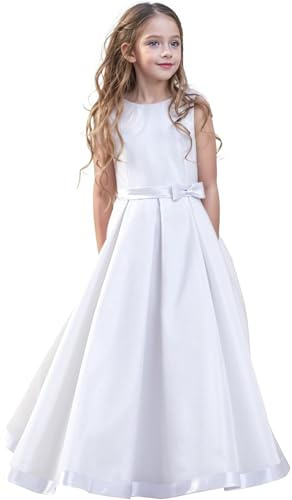 AUTTOGirl Raso Lungo Bambini Ragazza Fiore Matrimonio Festivo Abito Bianco Comunione Manica Corta per Bambini Ragazze, bianco, 146