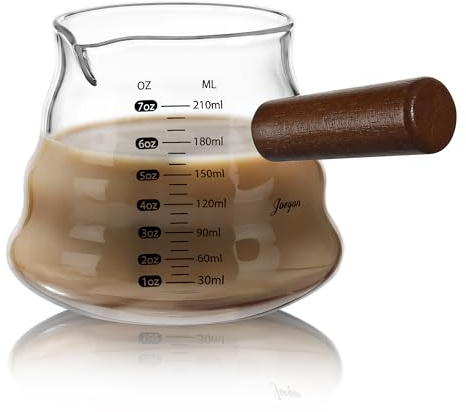 Joeyan 210ml Misurino per Espresso in Vetro Borosilicato, Tazza da Caffè 7oz Ondulata, Bricco del Latte Trasparente con Manico in Legno e Beccuccio, Piccola Tazza Espresso con Scala, Accessorio da Bar