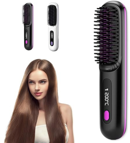 2026 Upgrade Cordless Hair Straightening Brush for Short Hair, Go Brush Pro Ceramic Heated Comb, USB Rechargeable Portable Wireless Straightener with LED Display & 3 Heat Settings for Travel (Black)