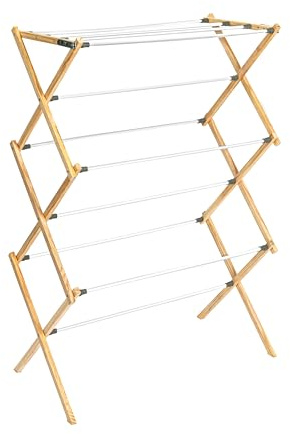 Household Essentials X-Frame Clothes Drying Rack, Stabile Wood Frame with Slanted Feet, Smooth Vinyl Wrapped Rods, 23.8 Feet of Hanging Space, Ready to Assemble, Flat Top, Natural
