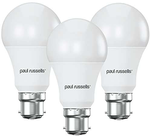 paul russells LED GLS Bayonet Cap BC, 75w Equivalent, 9.5watt 1055LM LED Bulbs, 4000K Cool White, Classic Frosted A60 Standard B22 Energy Saving (Not Dimmable) Large Globe Lights, 3 Pack