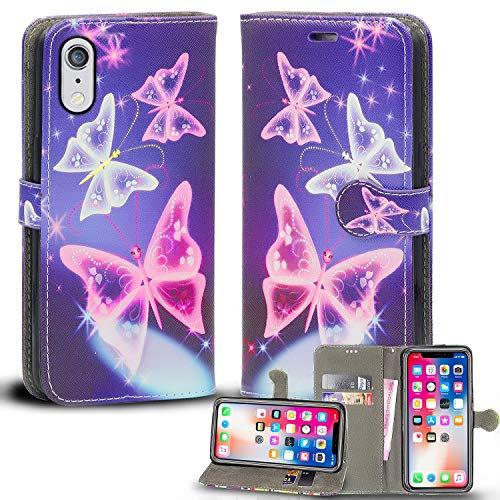 Mobile Stuff iPhone XR Leather Wallet Case - Folio Flip Book Cover with Magnetic Clasp Closure - Adjustable Viewing Stand (iPhone XR, Butterfly Blue)
