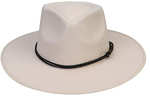 JK Home Wide Brim Fedora Hat - Wool Felt Panama Cap - One Size Unisex Women Men - Black Braided Leather Band