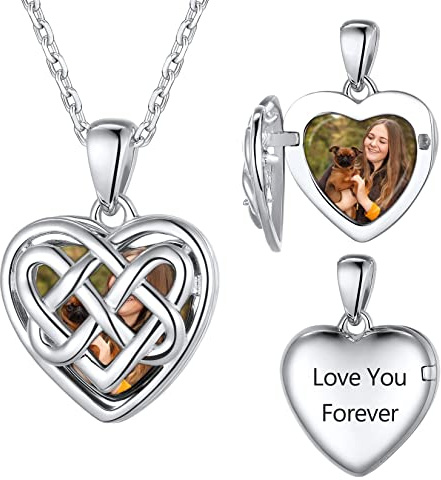 SILVERCUTE keltische Knoten Herz Medaillon zum Öffnen 925er Silber Fotokette personalisiert Photo Bild Amulett Herz Anhänger Halskette Herzanhänger Schmuck für Valentinstag Geburtstag