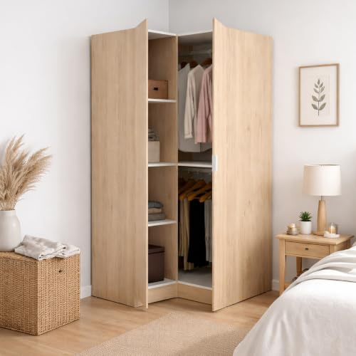 Dmora - Guardaroba 2 ante Elgon, Mobile angolare per camera da letto, Armadio appendiabiti ad angolo, 91x93h184 cm, 91x93h184 cm, Rovere
