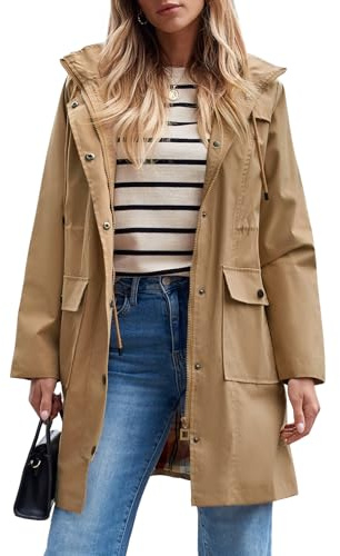 Women's Waterproof Rain Jacket Lightweight Raincoat Hooded Windbreaker Trench Coat (Camel, XX-Large)