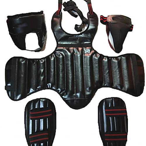 MAOTN PU Sanda Protektor 4-teiliges Set, Kinder Erwachsene boxkampftraining rüstung-kopfschutz, brustschutz, beinschutz, schrittschutz,Black,One Size