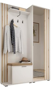 Garderobe mit Spiegel Flurgarderobe Garderobenschrank Kompaktgarderobe Dielenschrank Garderobe Set Regal Diele & Flur Kleiderschrank Schuhschrank 135x197x34 cm John, Weiß und Artisan mit Kissen