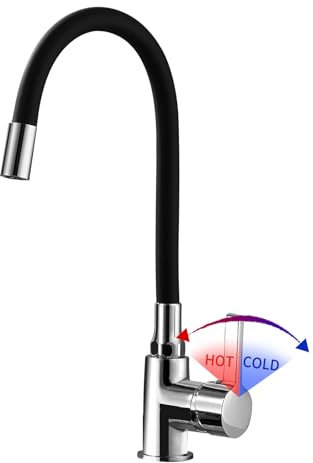 Mitigeur Évier avec Bec Flexible STANEW,Robinet de Cuisine, Mitigeur Chaud et Froid à Poignée Unique, Cuisine Mitigeur Flexible Rotative à 360°, Chrome, Noir