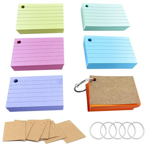 Gentpovth 600PCS A8 Linierte Karteikarten, Neonfarbener Lernkarten mit gestanzten Löchern, vokabelkasten Karteikarte, Unterwegs Vokabel Lernen, Formeln und Notizen, für Büro, Präsentation, Vortrag