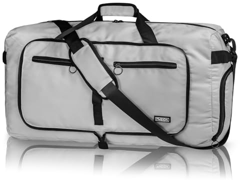 Fmeida 65L Foldable Travel Duffle Bag, Lightweight Waterproof Weekend Luggage with Shoes Compartment, Large Overnight Holdall Tote, Glossy Light Gray