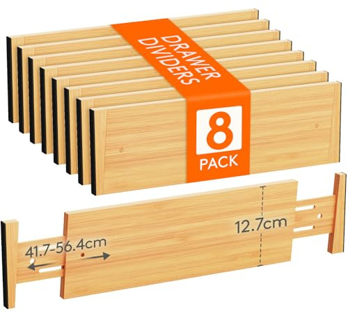 Lifewit Set med 8 lådavskiljare naturlig bambu, justerbar lådavskiljare för innerlängd 41,7–56,4 cm och höjd >12,7 cm, organisationssystem för kök, garderob, skrivbord