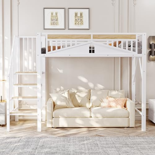 Zepneiy Lit Mezzanine 90 x 200 cm, barrière de sécurité Motif fenêtre, Boule en métal, avec échelle de sécurité Gauche et Droite Interchangeable, Blanc (Matelas Non Inclus)