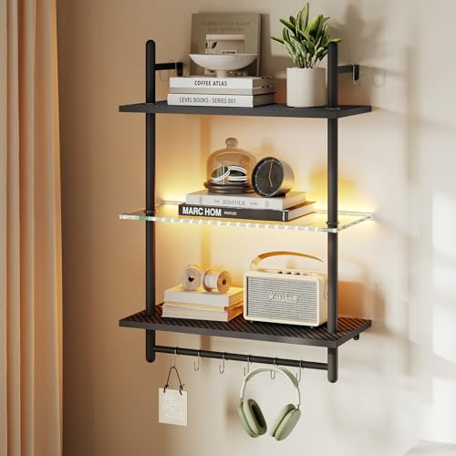 Bestier 3 Tier Floating Pipe Shelving 60CM Industrial Wall Mounted Ladder Shelf Hanging with Circular Tube with Hooks Wood Display Storage Home Decor Book Shelves (Black Carbon Fiber, 60CM)